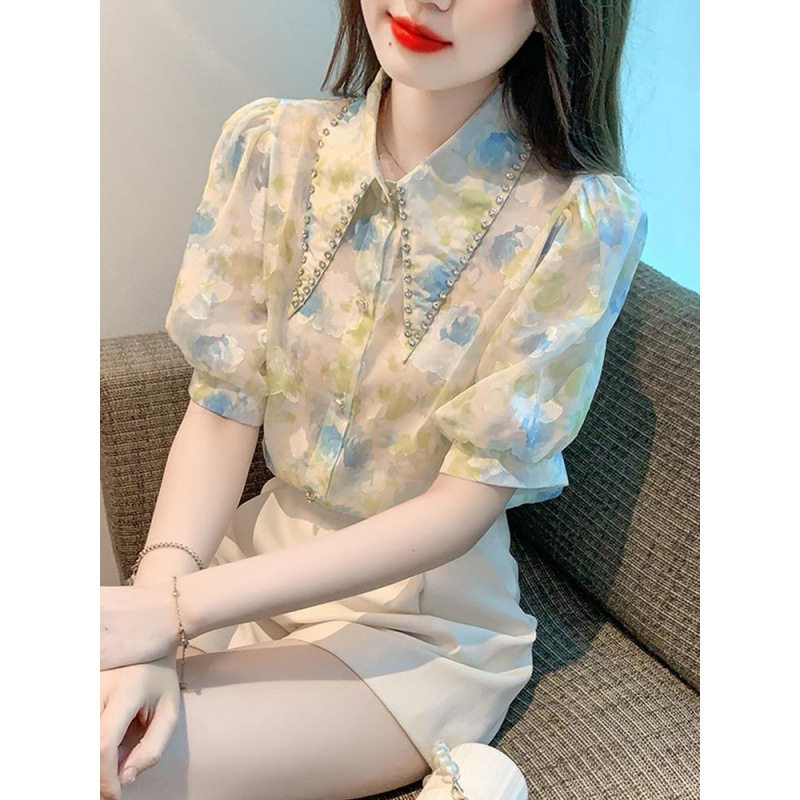 夏季短袖雪纺衬衫别致女装夏装2025年新款法式甜美碎花上衣设计感