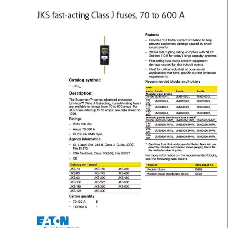 美国BUSS CLASS J 快速熔断器27X60MM  JKS70/80/90/100/200 600V