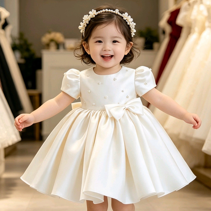 幼儿周岁宴礼服女宝宝缎面婴儿晚礼服抓周花童主持公主裙高端洋气