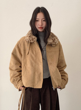 【暖冬~】英伦风麂皮绒加厚豹纹领外套女冬季保暖显瘦短上衣11053