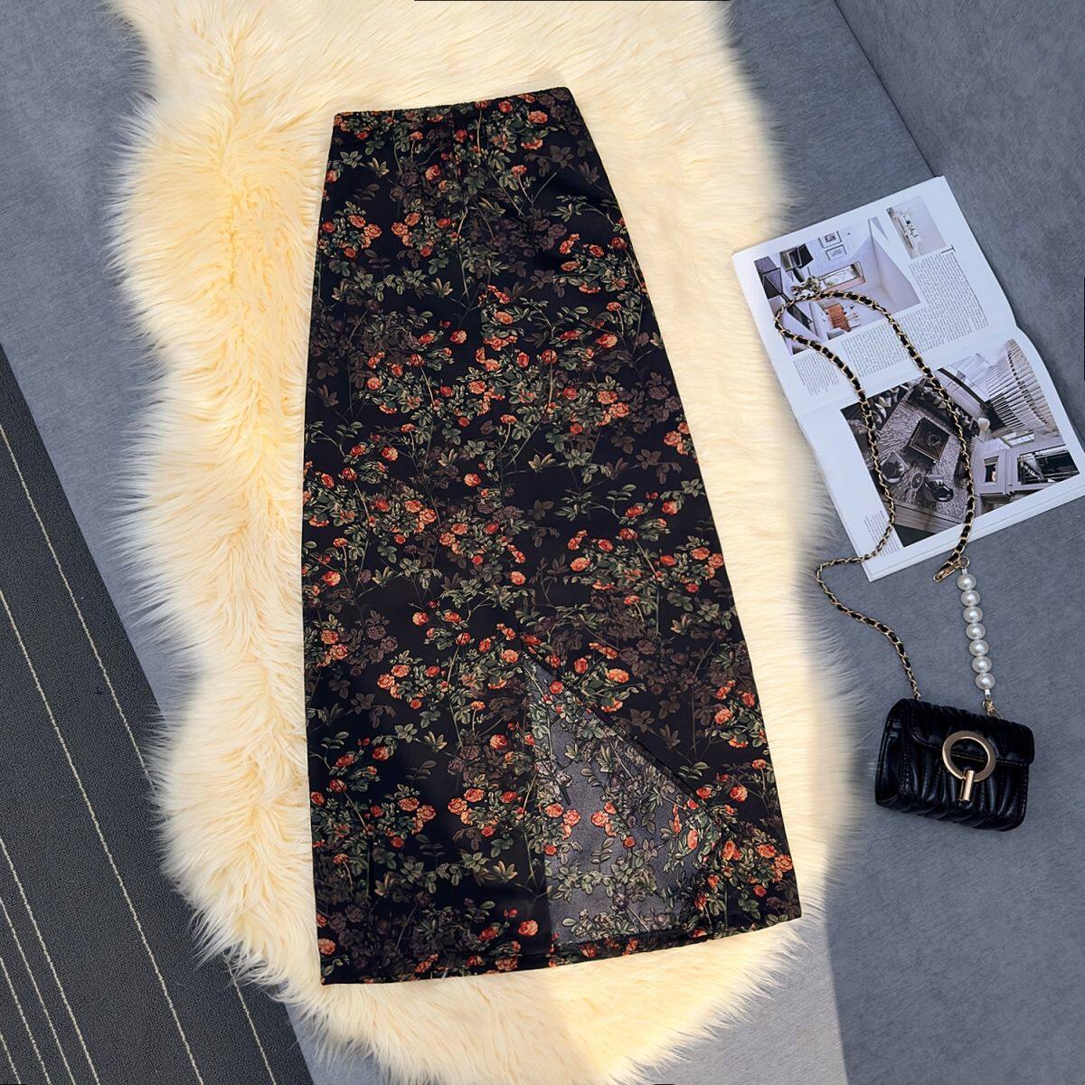 印花a字半身裙女夏季高腰显瘦中长款碎花开叉直筒包臀裙大裙摆