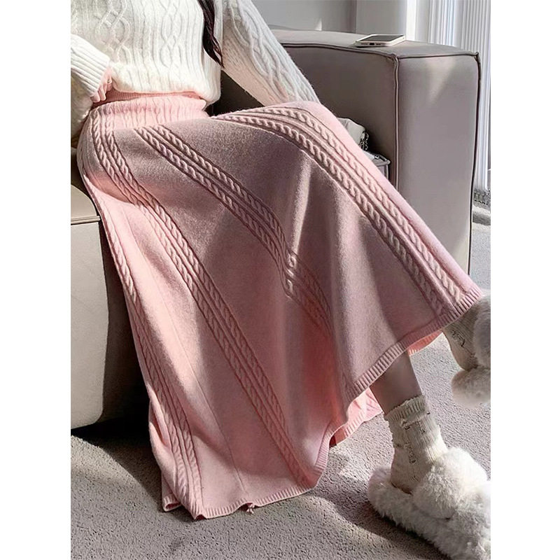 奶fufu白色麻花针织半身裙女春秋垂感大摆伞裙高腰a字长裙子冬季