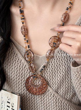 复古豹纹串珠长款项链女士