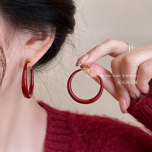 圣诞安可拉红色素圈无耳洞耳夹