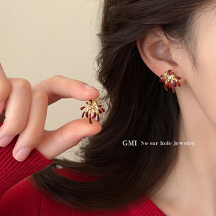 新年红色烟花无耳洞耳夹女秋冬高级感轻奢蚊香盘耳环独特漂亮耳饰