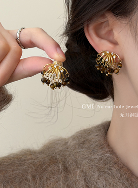 美拉德虎眼石烟花无耳洞耳夹女士小众高级感复古耳环时尚气质耳饰