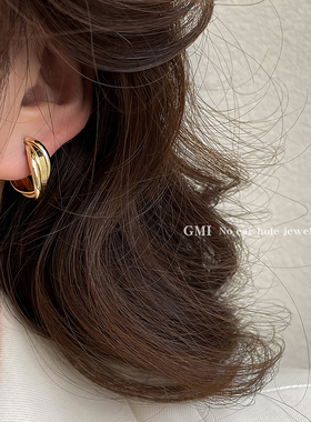 GMI金色交叉素圈金属耳钉女2025新款轻奢小众耳环高级感百搭耳饰