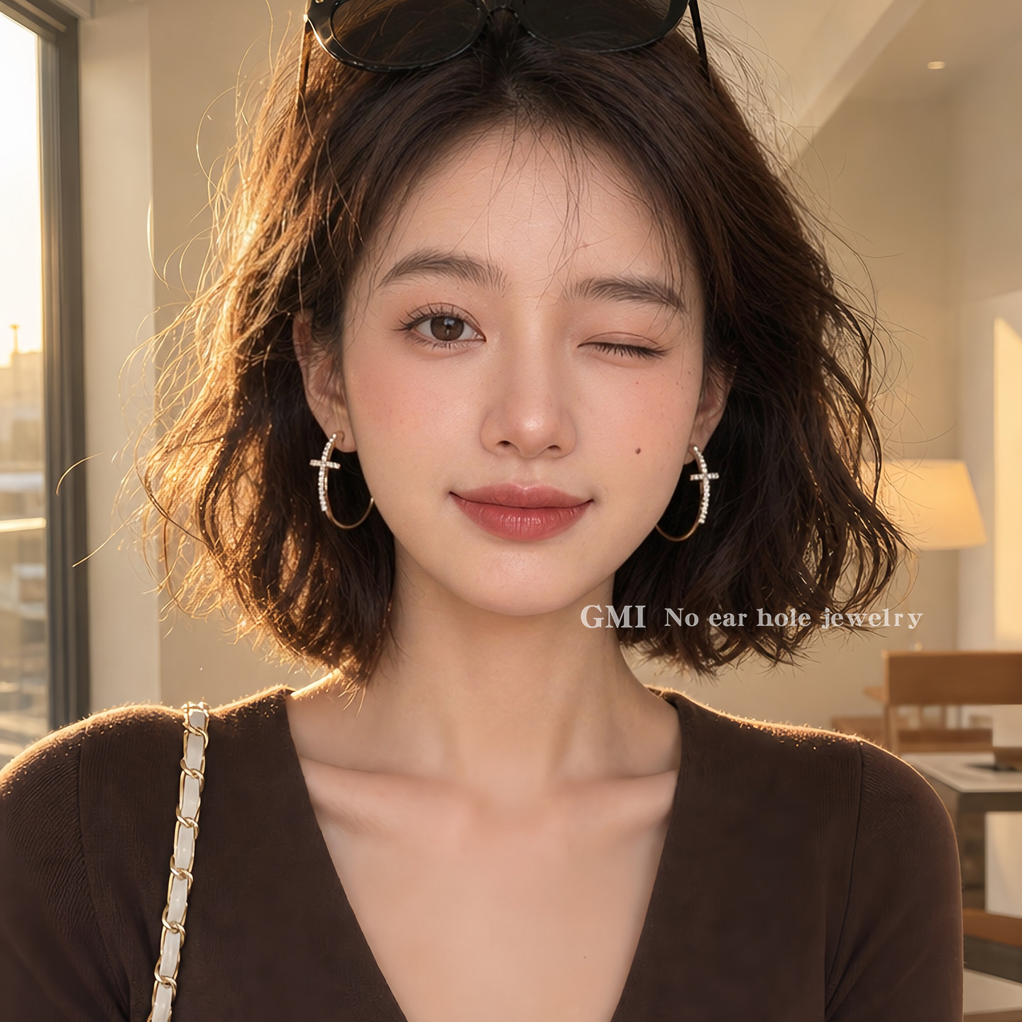 闪钻十字架圈圈无耳洞耳夹女小众设计感夸张耳环个性独特个性耳饰