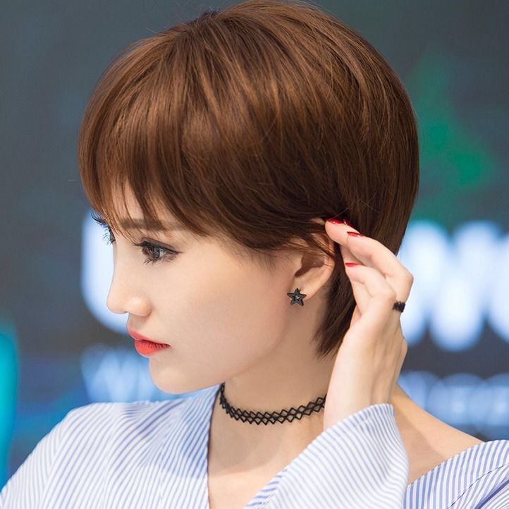 假发女时尚短发自然逼真斜刘海韩版短直发圆脸帅气中性短发假发套