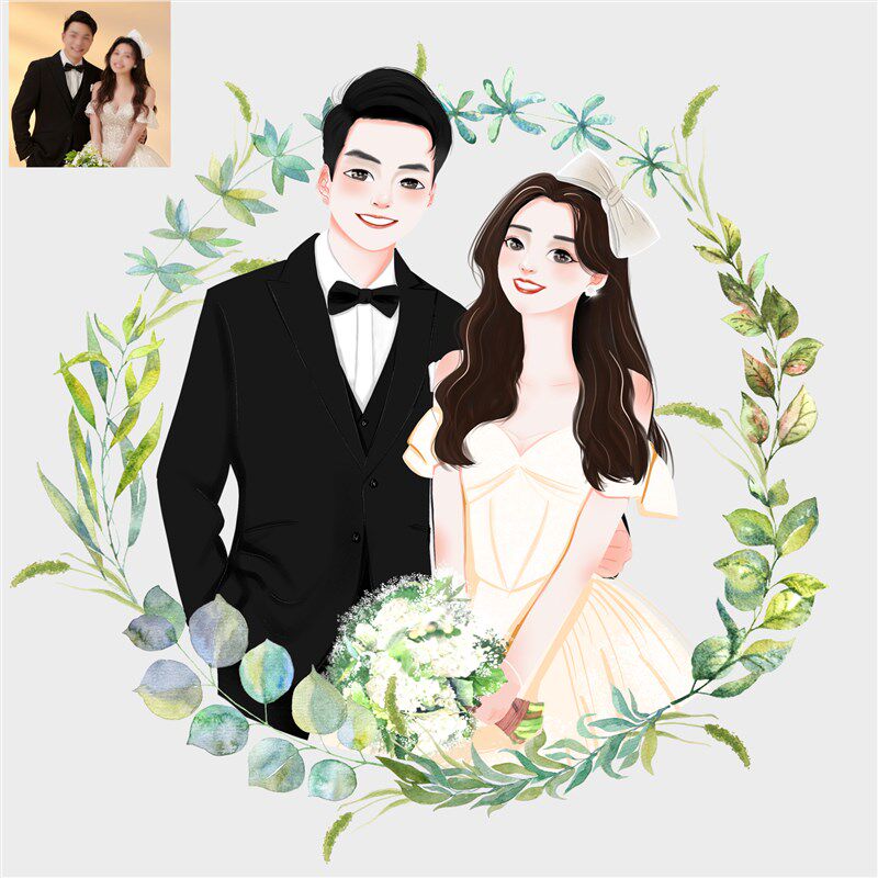 婚纱照手绘头像定制插q画情侣真人照片漫画写实婚礼喜帖请柬设计