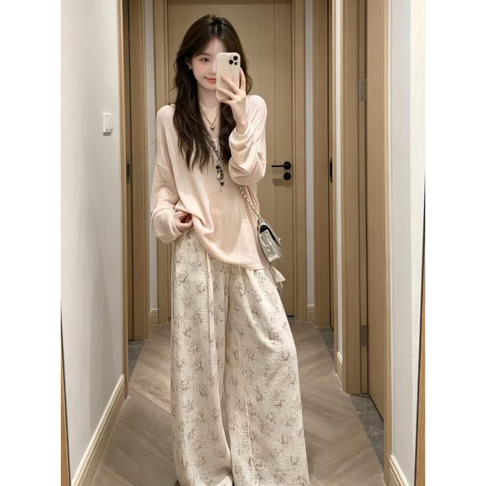 小众温柔风防晒针织长袖罩衫上衣女高腰显瘦阔腿裤套装