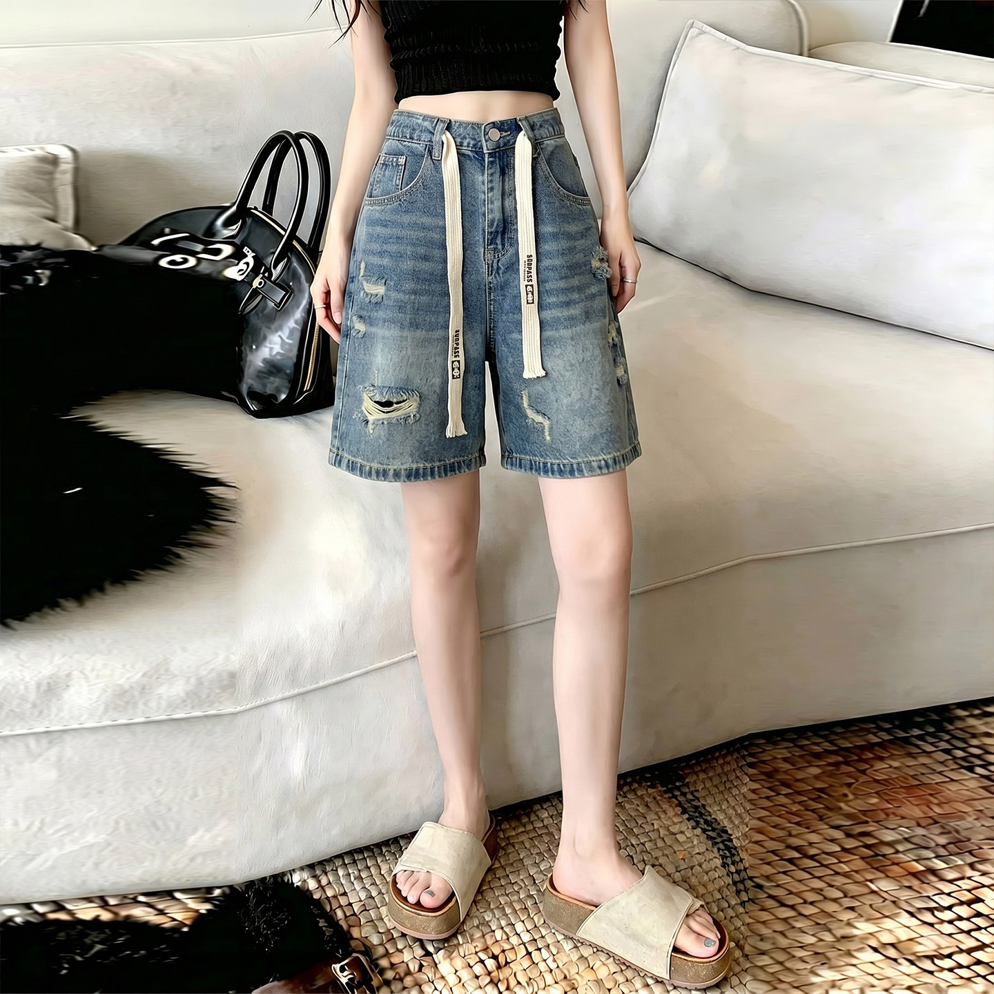 美式复古破洞牛仔短裤女2026夏季薄款松紧腰显瘦宽松直筒阔腿中裤