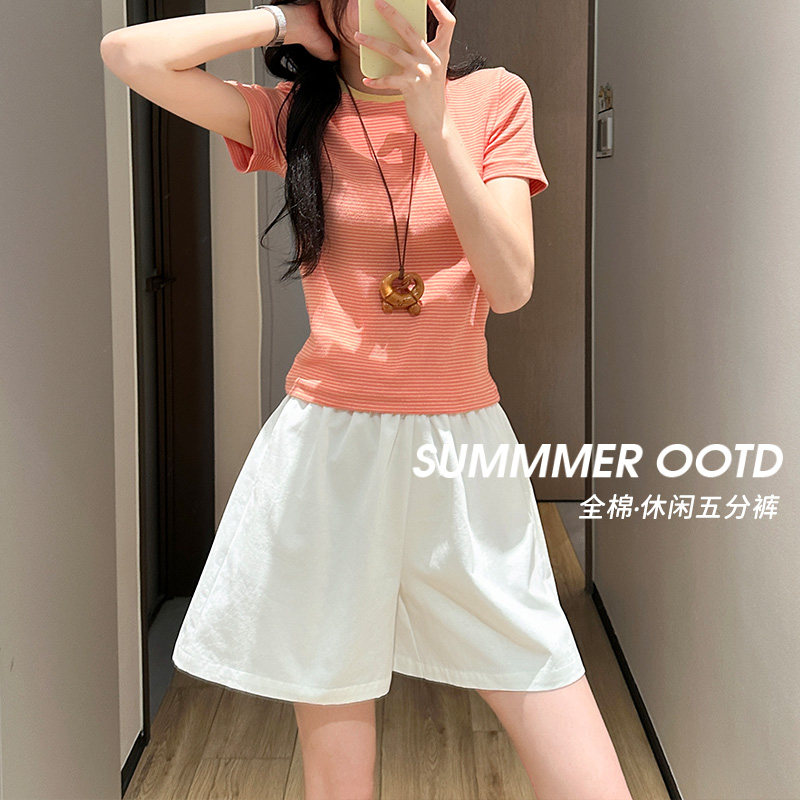 慵懒短裤子女夏季薄款松紧清新款时尚潮流百搭宽松直筒五分休闲裤
