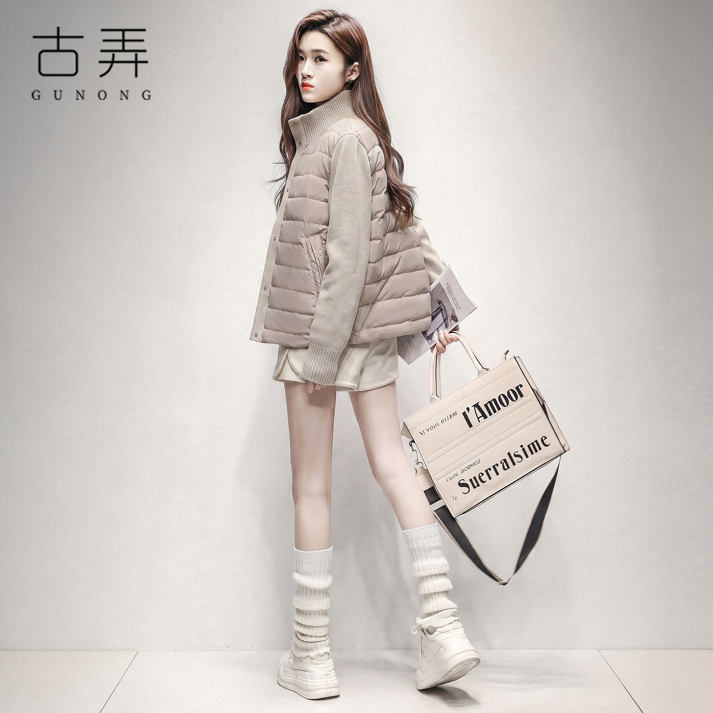针织拼接棉服女短款2026秋冬立领毛衣袖子轻薄绗缝高级小个子外套