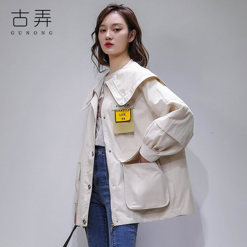 海军领短外套女2026年新款春秋减龄宽松上衣中长款娃娃领春季风衣