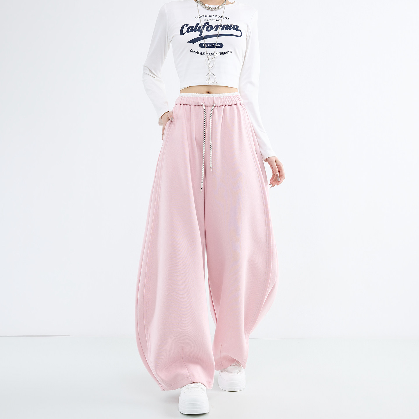 简约运动风抽绳阔腿裤女2026春季休闲卫裤小个子宽松韩系垂感裤子