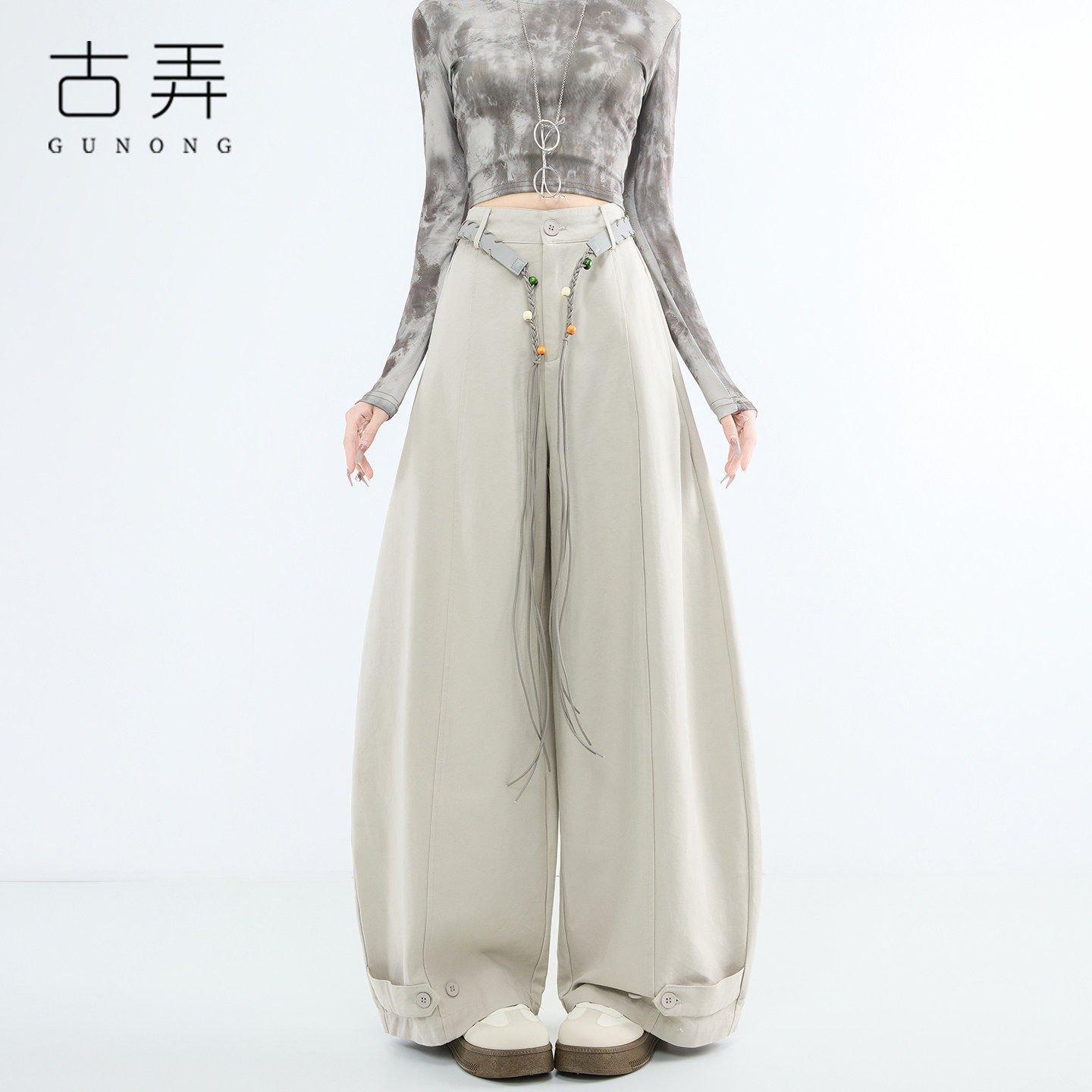 慵懒风高腰阔腿裤女2026春季宽松显瘦腰带休闲长裤流行垂坠感裤子