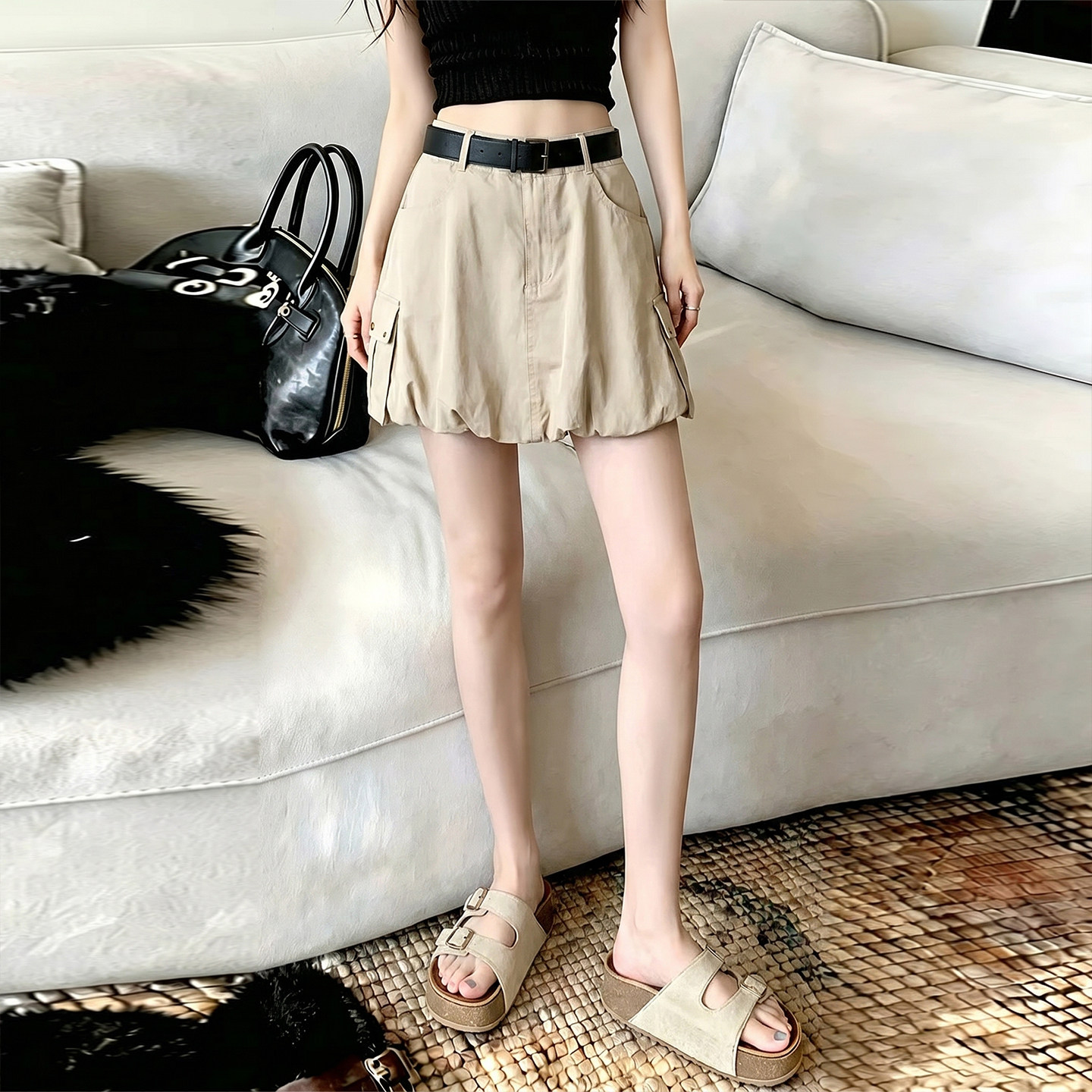 工装花苞短裙女2026夏季新款高腰显瘦薄A字蓬蓬防走光内衬半身裙