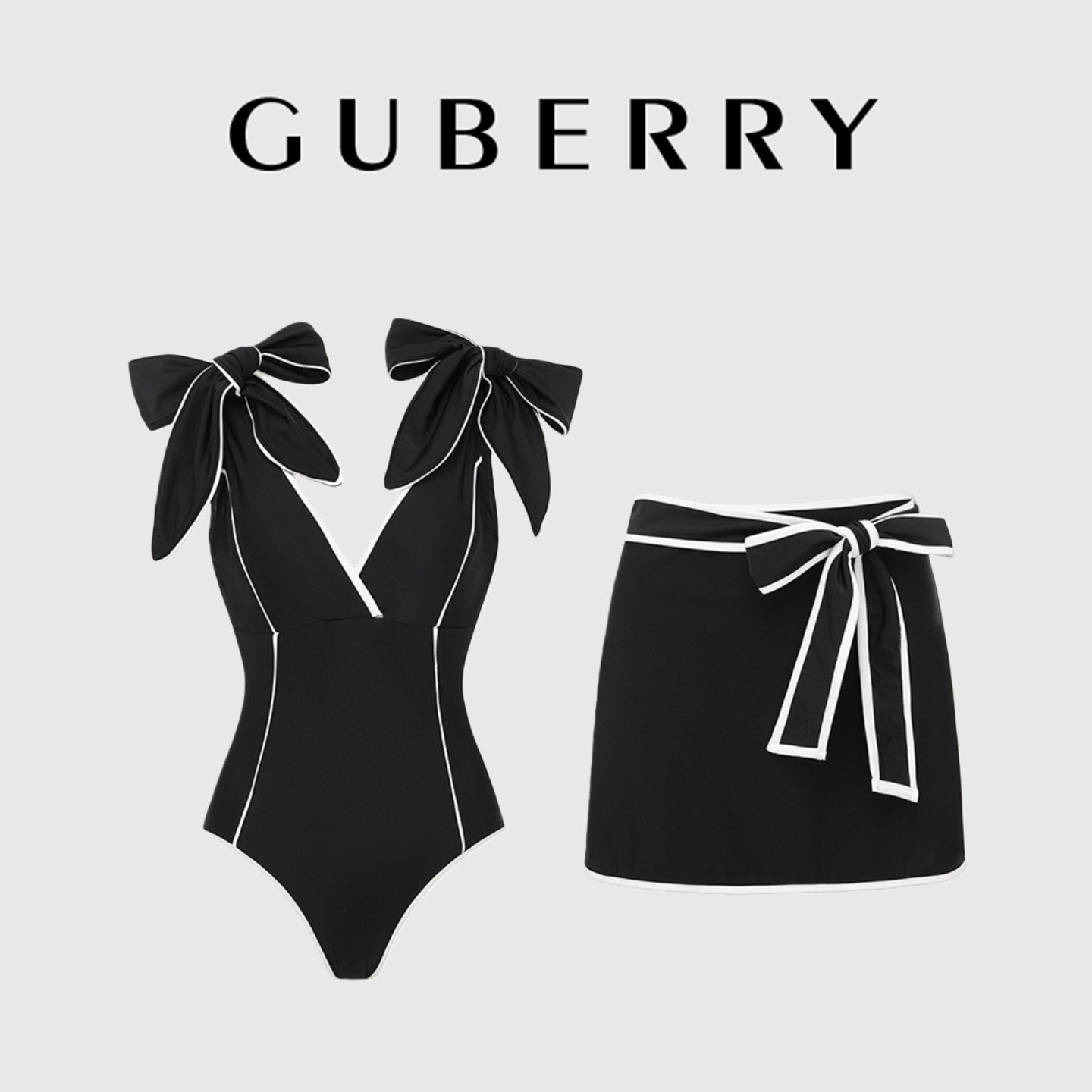 GUBERRY泳装欧美风黑白拼色绑带蝴蝶结V领性感泡温泉度假连体泳衣