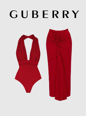 GUBERRY泳装女深V挂脖纯色火辣性感泡温泉裙式度假连体泳衣套装