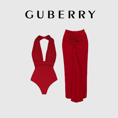 GUBERRY泳装女深V挂脖纯色火辣性感泡温泉裙式度假连体泳衣套装