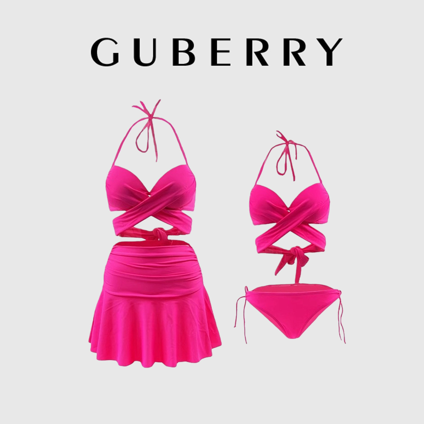 GUBERRY泳装复古小胸钢托聚拢挂脖比基尼泡温泉度假裙式分体泳衣