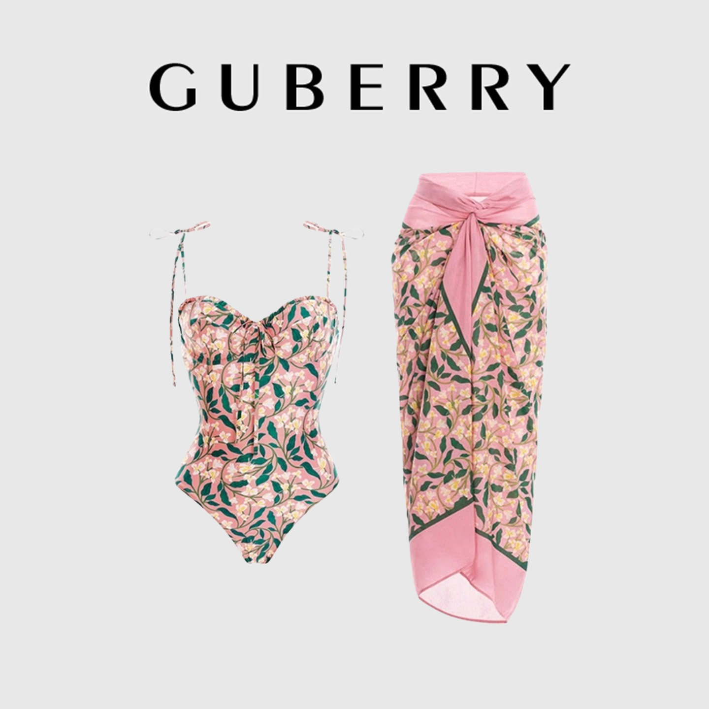 GUBERRY法式复古高级连体泳衣裹裙女款复古系带露背海边度假泳装