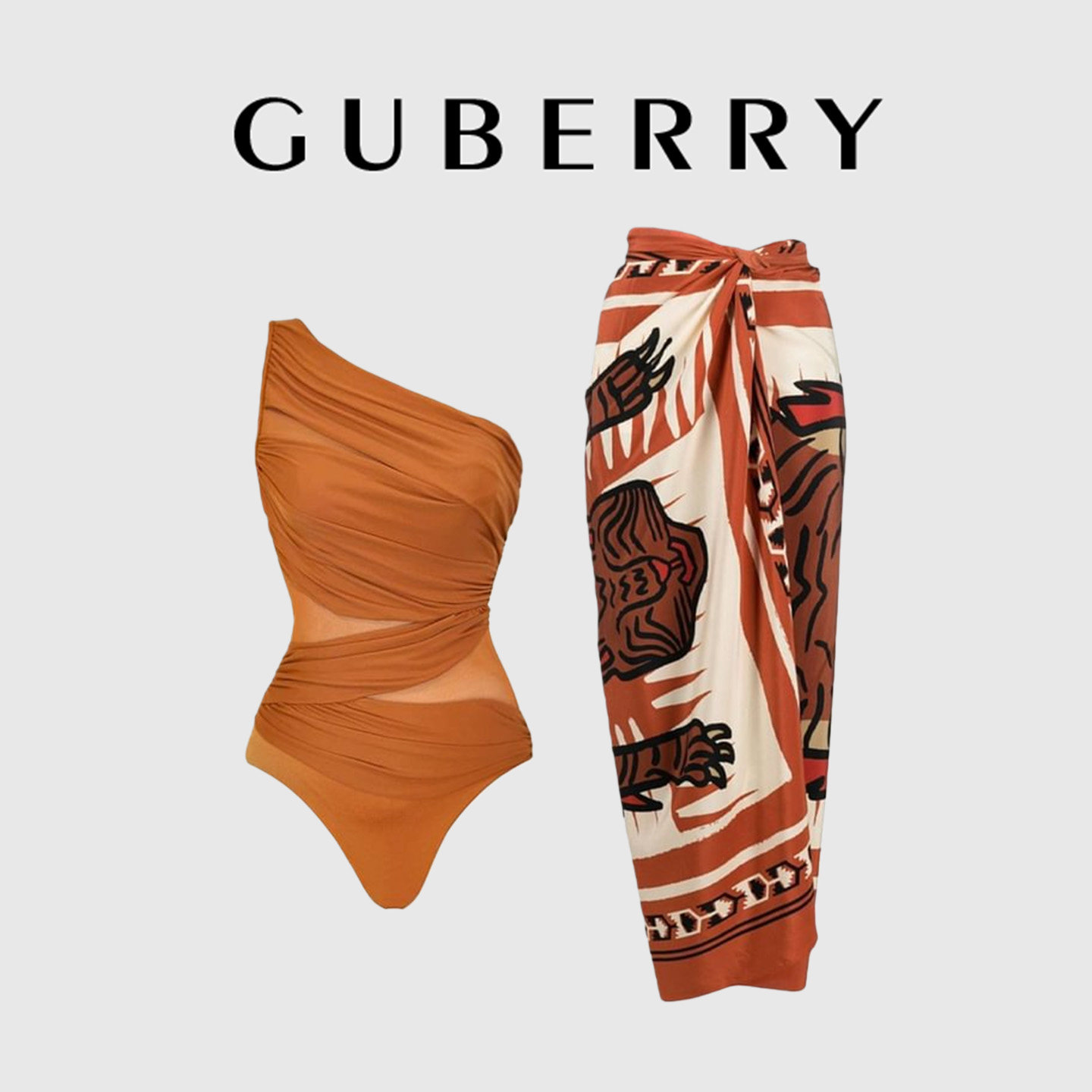 GUBERRY泳装欧美斜肩高腰性感比基尼沙滩泡温泉度假连体泳衣裹裙