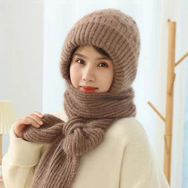 加绒冬天帽子围巾一体女骑电动车防风帽东北冬季防寒针织保暖帽潮