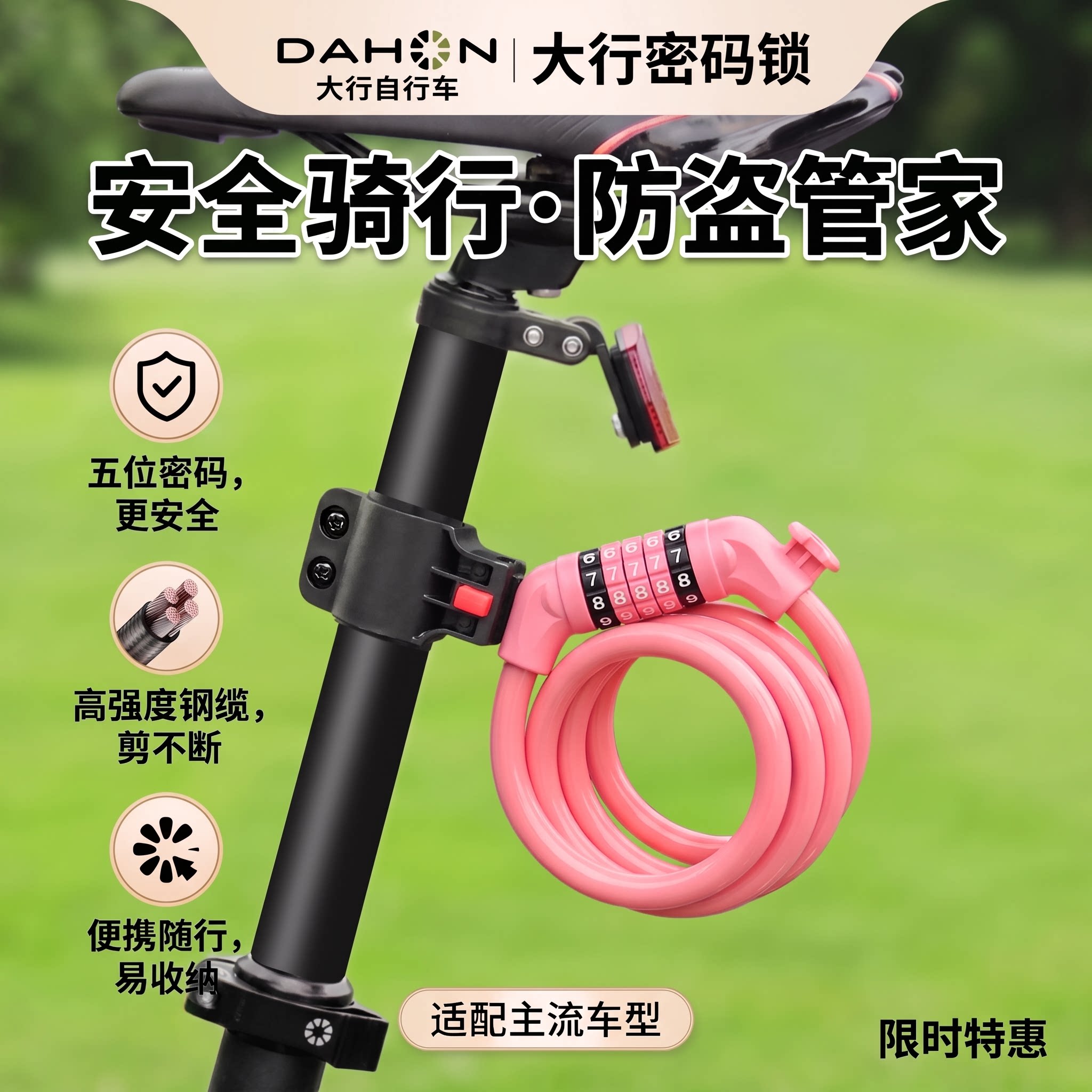 适用DAHON大行自行车防盗锁密码锁便携单车锁固定式新型黑科技