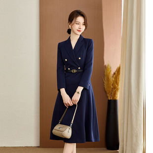 柏易兰正式场合女装职业连衣裙女藏青色工作服双正装裙子2024秋冬