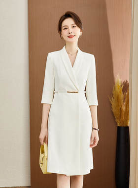 白色职业装西装连衣裙女气质春夏七分袖正式场合V领主持人上镜装