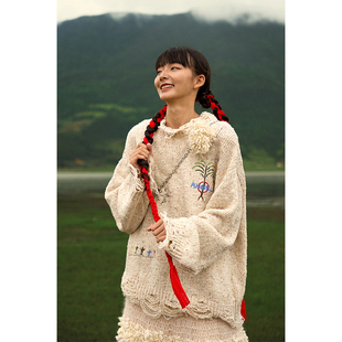 【吴磊同款】ANGEL CHEN陈安琪 AW24 崖画羊毛绣彩点宽松毛衣