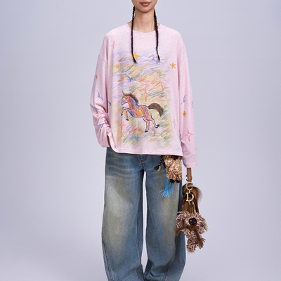 ANGEL CHEN设计师品牌陈安琪 SS26 彩虹马多色印花宽松长袖T恤