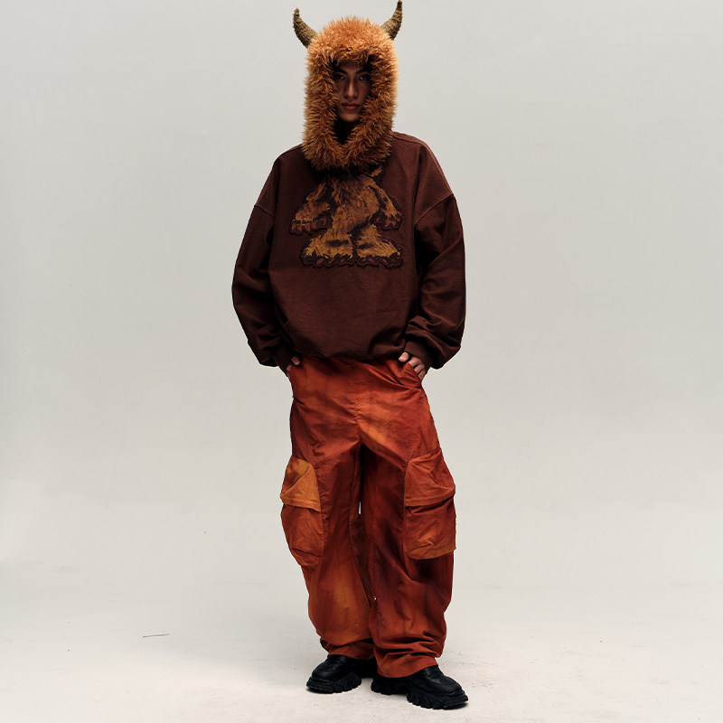 ANGEL CHEN陈安琪 SS25 棕色雪怪贴布印花毛绒连帽衫,女装/女士精品,卫衣/绒衫,淘宝优惠券,粉丝福利购,淘宝优惠卷