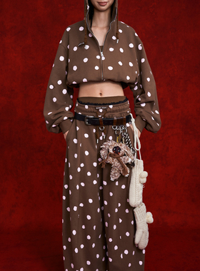 ANGEL CHEN设计师品牌陈安琪 SS26 棕色波点兽角连帽短款卫衣套装