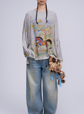 ANGEL CHEN设计师品牌陈安琪 SS26 手绘彩虹多色印花宽松长袖T恤