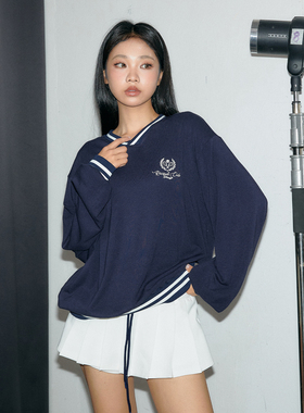 11E 羊毛混纺网球老钱风航海系秋冬V领长袖宽松刺绣logo长袖外套