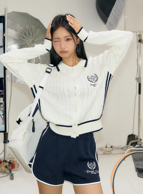 11E “入学日”混纺羊毛复古刺绣logo学院风翻领针织衫舒适毛衣女