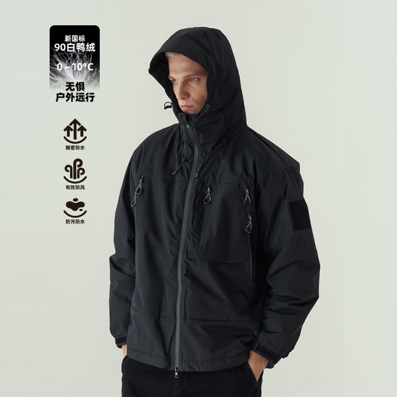 11E 冲锋羽绒服男款户外防风连帽外套秋冬情侣运动夹克男女