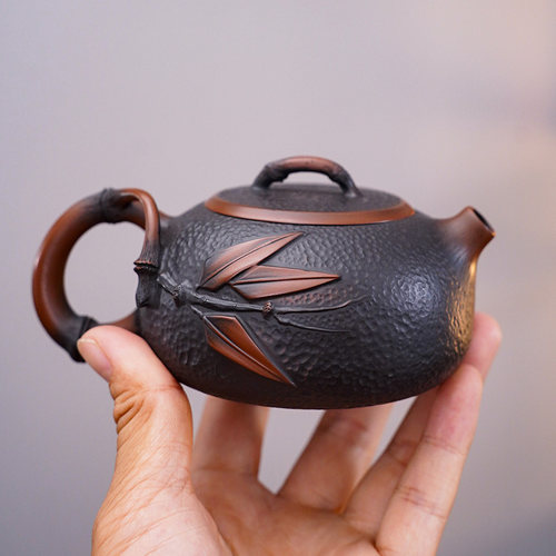 手工雕刻仿生竹节出水暴爽紫陶壶