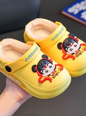 新款秋冬季哪吒儿童棉拖鞋男女童保暖加绒防水中小童小孩包跟棉鞋