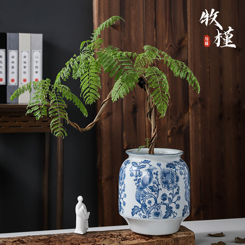 景德镇陶瓷花盆家用中式花瓶高级青花瓷大号口径专用客厅兰花冬青