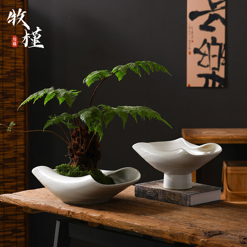 景德镇陶瓷花盆中式复古家用白色手工造景盆绿植蕨类竹子专用花器
