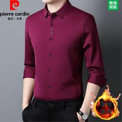 皮尔卡丹冬季桑蚕丝长袖衬衫男士加绒加厚保暖衬衣红色本命年寸衣