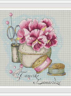 公主绣铺DMC自配套件纯棉线精准印花套件201036三色堇剪刀卷尺