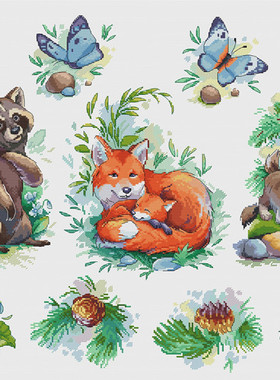 公主绣铺DMC自配套件纯棉线精准印花套件220516浣熊狐狸狼蝴蝶花