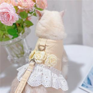 山茶花猫咪狗狗防挣脱外出牵引绳遛猫遛狗绳蕾丝宠物牵引胸背带衣