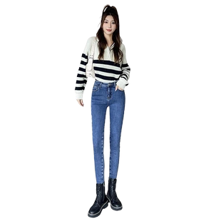 冬加绒高腰紧身小脚牛仔裤女2024新款弹力修身显瘦保暖外穿铅笔裤