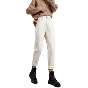 加厚保暖米白色哈伦牛仔裤女秋冬加绒2025新款高腰外穿萝卜老爹裤